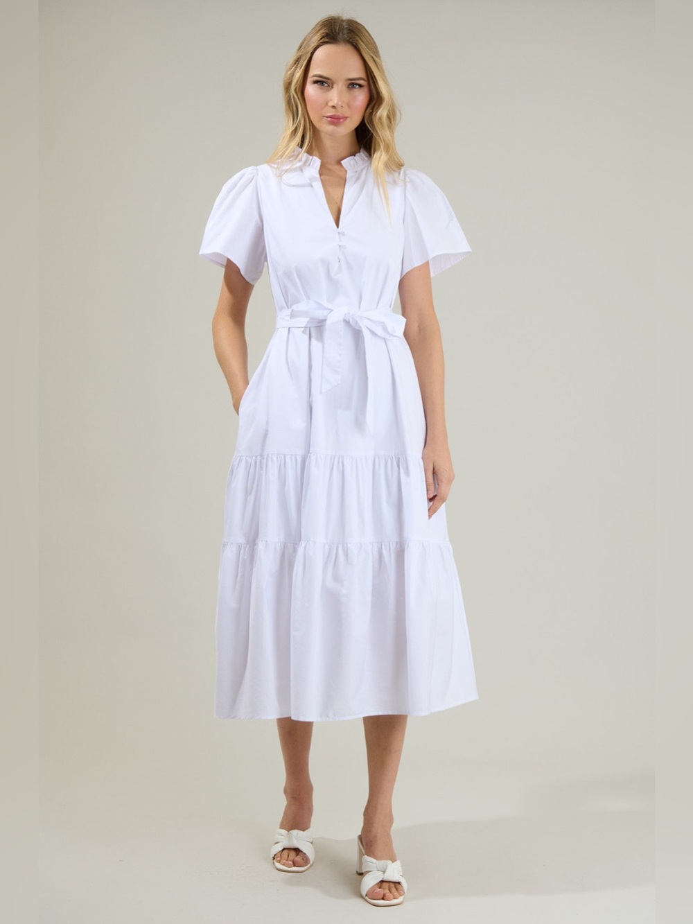 NWT Sugarlips Britt V-Neck Short Sleeve Tiered Poplin Midi Dress